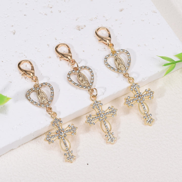 Christianartworkshop Heart-Shaped Our Lady & Zircon Cross Keychain: Symbol of Faith and Divine Protection - Golden(1pcs) - image 0