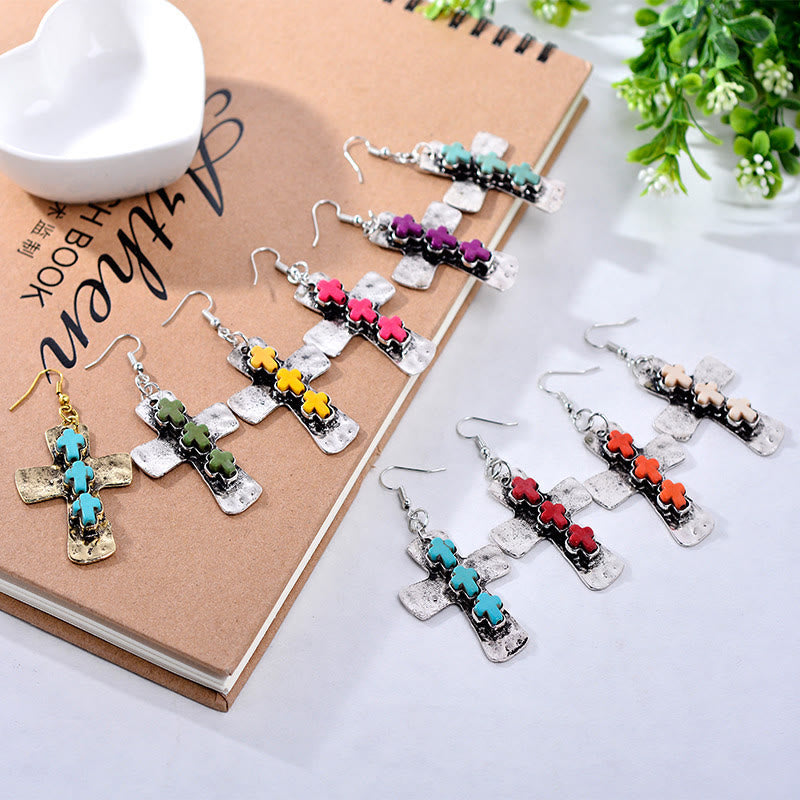 Christianartworkshop Textured Three-Cross Earrings with Stone Inlays: Symbol of Faith and Protection - image 1