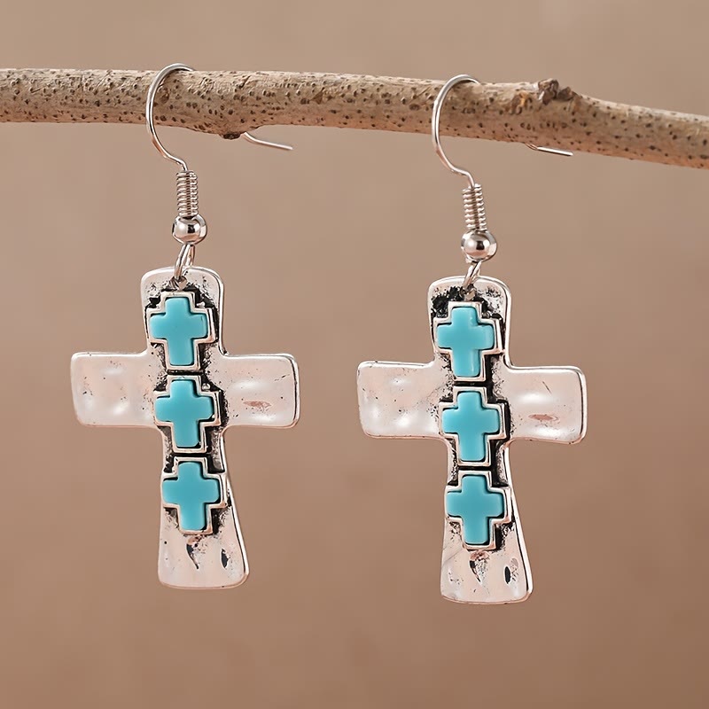 Christianartworkshop Textured Three-Cross Earrings with Stone Inlays: Symbol of Faith and Protection - Blue - image 0