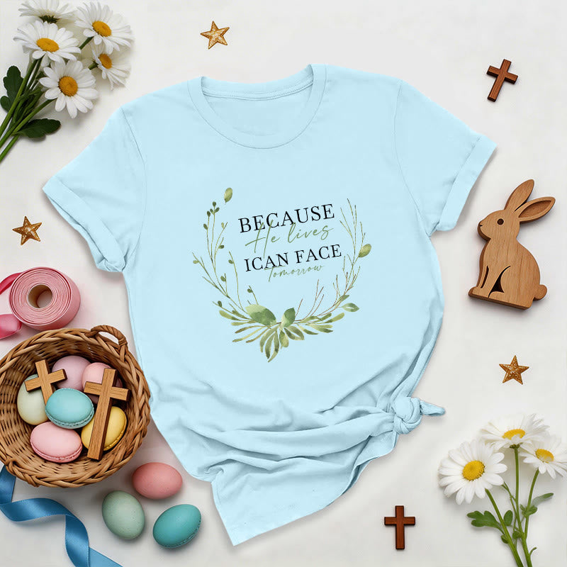 Christianartworkshop Because He Lives Greenery Wreath Premium T-Shirt - Blue - 2XL - image 5