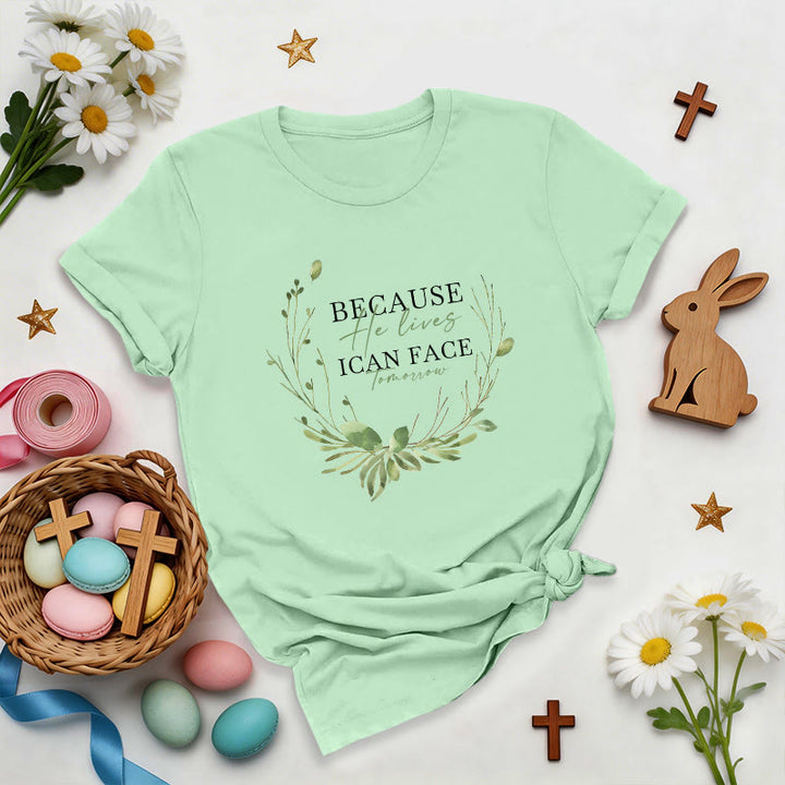 Christianartworkshop Because He Lives Greenery Wreath Premium T-Shirt - Light Green - 2XL - image 4