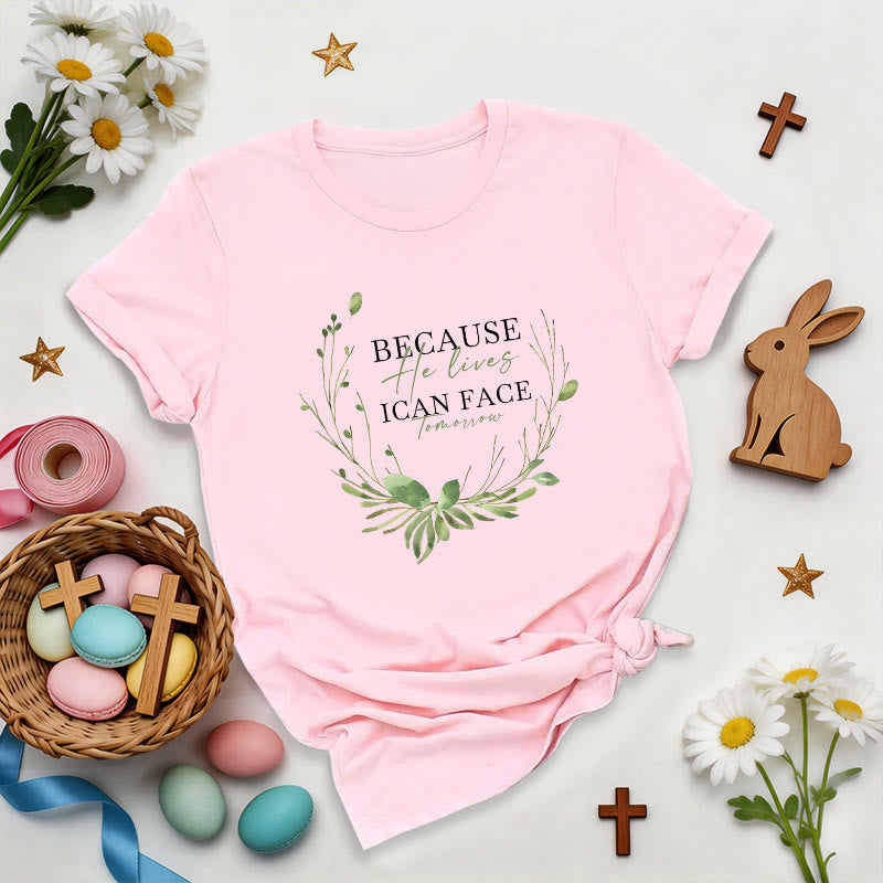 Christianartworkshop Because He Lives Greenery Wreath Premium T-Shirt - Pink - 2XL - image 7