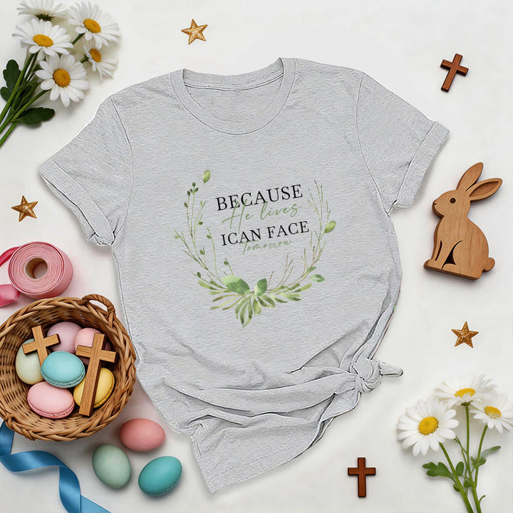Christianartworkshop Because He Lives Greenery Wreath Premium T-Shirt - Grey - 2XL - image 8