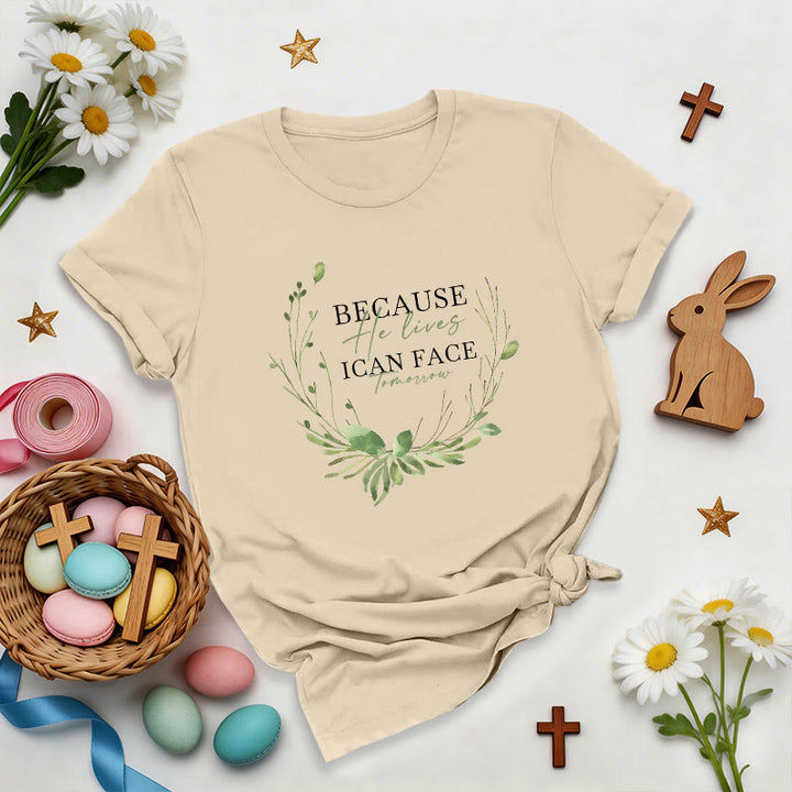 Christianartworkshop Because He Lives Greenery Wreath Premium T-Shirt - Beige - 2XL - image 6