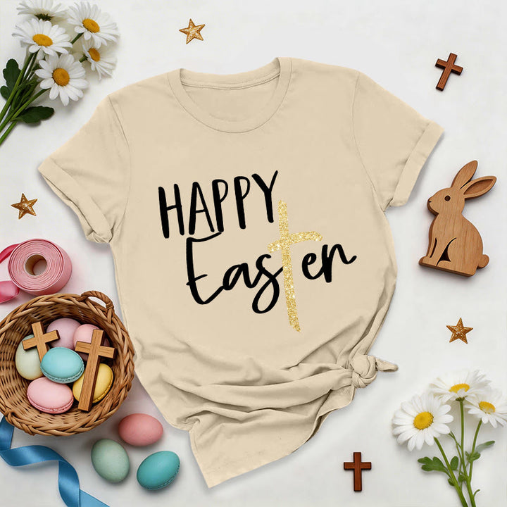 Christianartworkshop Happy Easter Glitter Cross Script Premium T-Shirt - Beige - 2XL - image 1