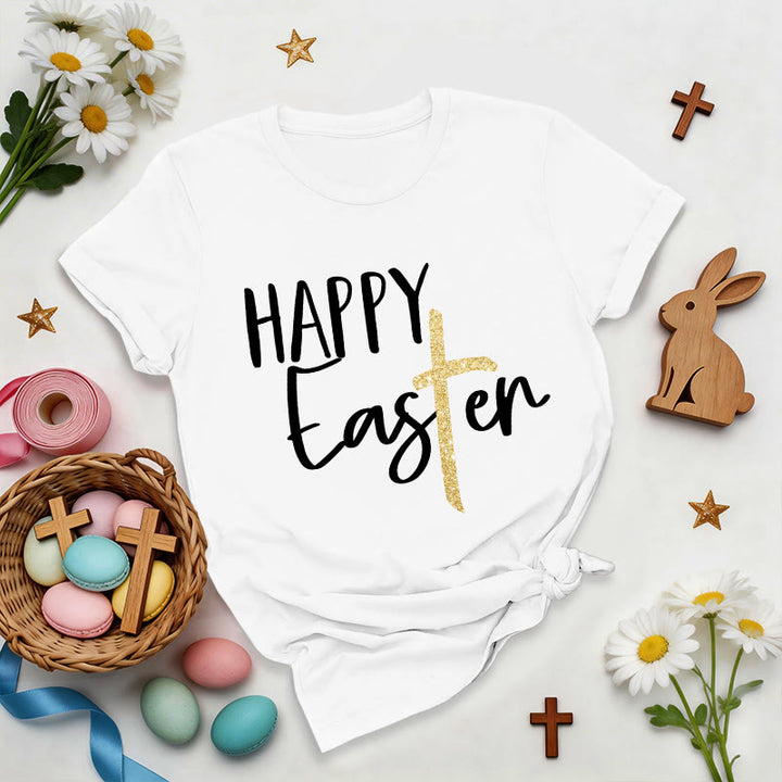 Christianartworkshop Happy Easter Glitter Cross Script Premium T-Shirt - White - 2XL - image 4