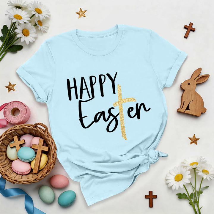 Christianartworkshop Happy Easter Glitter Cross Script Premium T-Shirt - Blue - 2XL - image 0