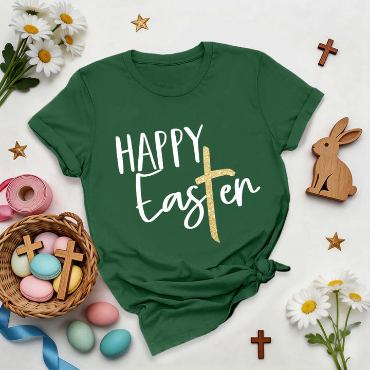 Christianartworkshop Happy Easter Glitter Cross Script Premium T-Shirt - Dark Green - 2XL - image 6