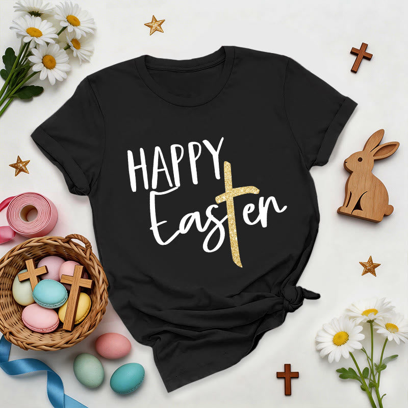 Christianartworkshop Happy Easter Glitter Cross Script Premium T-Shirt - Black - 2XL - image 5