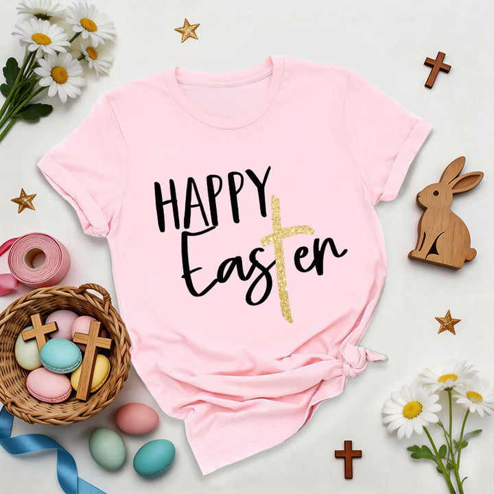 Christianartworkshop Happy Easter Glitter Cross Script Premium T-Shirt - Pink - 2XL - image 2