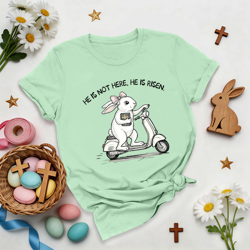 Christianartworkshop He Is Risen Easter Bunny Scooter Premium T-Shirt - Light Green - 2XL - image 1