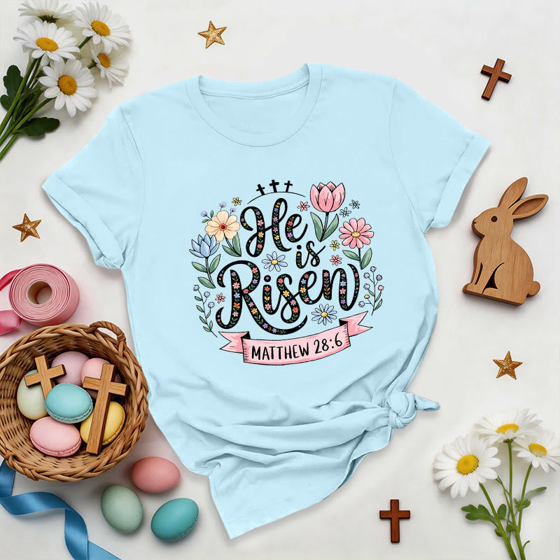 Christianartworkshop Vibrant Floral Wreath He Is Risen T-Shirt - Blue - 2XL - image 7