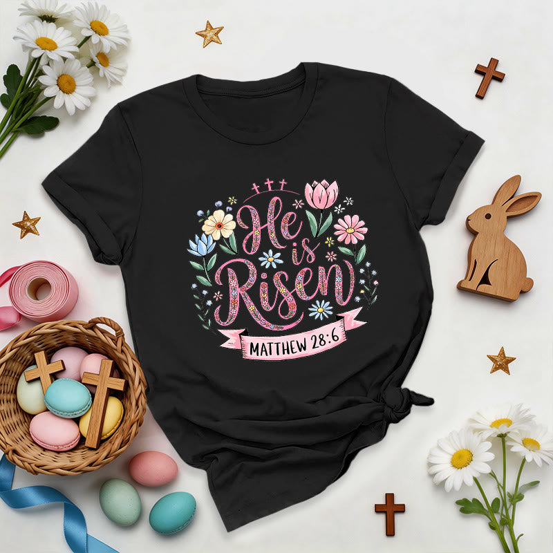 Christianartworkshop Vibrant Floral Wreath He Is Risen T-Shirt - Black - 2XL - image 3