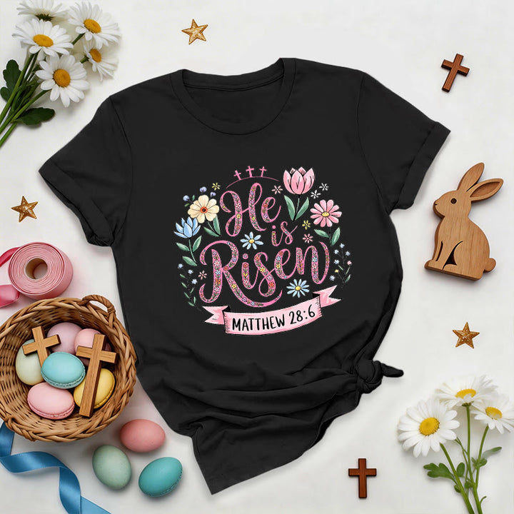 Christianartworkshop Vibrant Floral Wreath He Is Risen T-Shirt - Black - 2XL - image 3