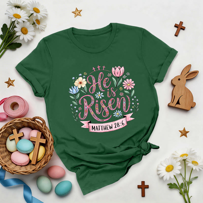 Christianartworkshop Vibrant Floral Wreath He Is Risen T-Shirt - Dark Green - 2XL - image 4
