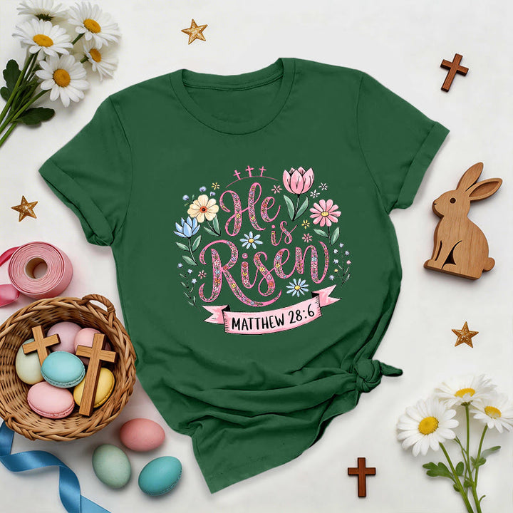 Christianartworkshop Vibrant Floral Wreath He Is Risen T-Shirt - Dark Green - 2XL - image 4