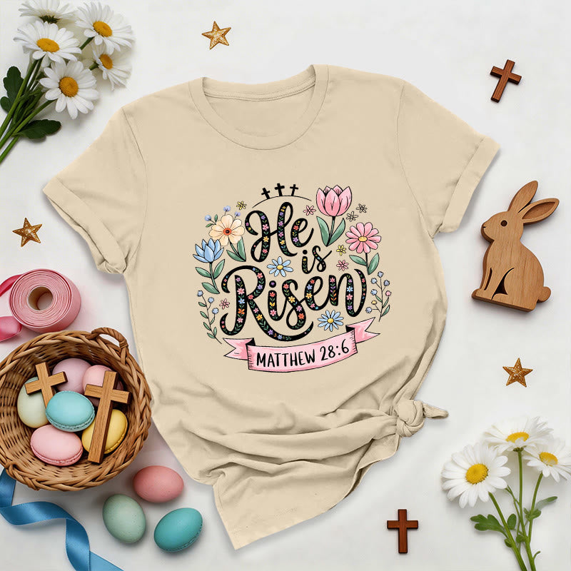 Christianartworkshop Vibrant Floral Wreath He Is Risen T-Shirt - Beige - 2XL - image 8