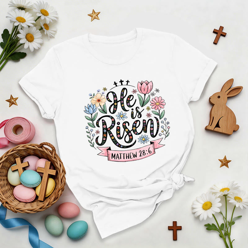 Christianartworkshop Vibrant Floral Wreath He Is Risen T-Shirt - White - 2XL - image 2