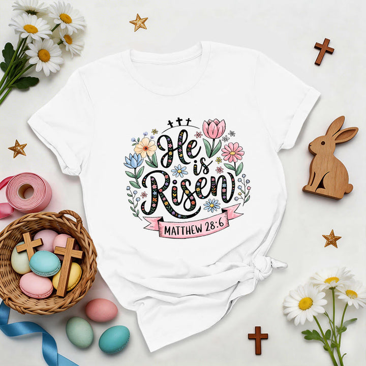 Christianartworkshop Vibrant Floral Wreath He Is Risen T-Shirt - White - 2XL - image 2