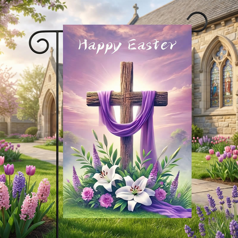 Christianartworkshop HAPPY EASTER Cross Purple Cloth Garden Flag: Symbol of Hope and New Life - 90×150cm (3×5 ft.) - image 0
