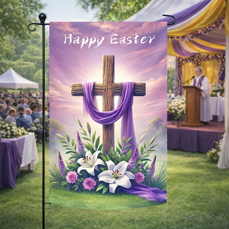 Christianartworkshop HAPPY EASTER Cross Purple Cloth Garden Flag: Symbol of Hope and New Life - image 1
