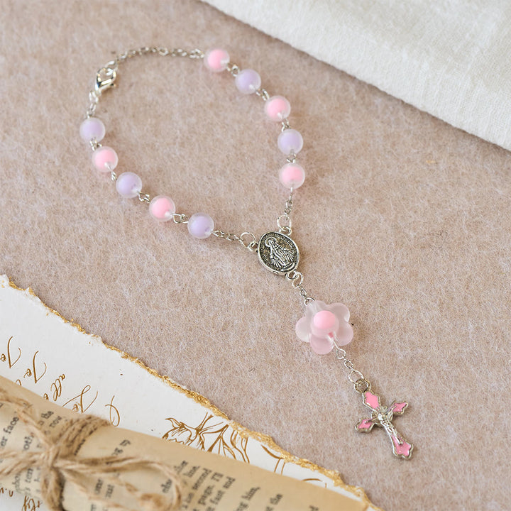 Christianartworkshop 3-Style Pastel Pocket Rosary with Flower Charm: Silver-Toned Crucifix for Marian Prayer - Pink - image 0