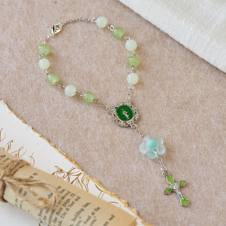 Christianartworkshop 3-Style Pastel Pocket Rosary with Flower Charm: Silver-Toned Crucifix for Marian Prayer - Green - image 6