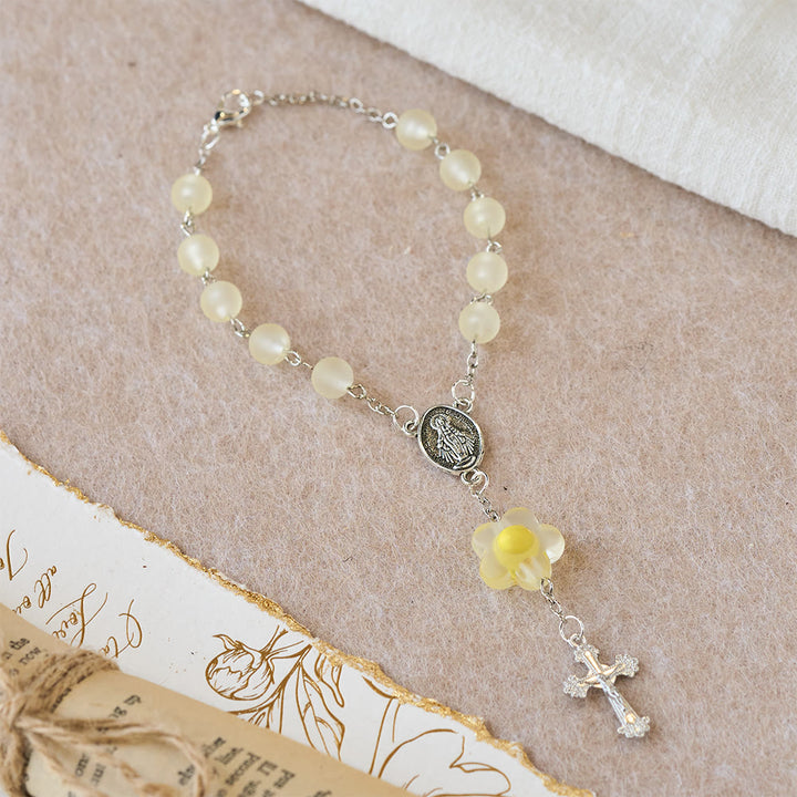 Christianartworkshop 3-Style Pastel Pocket Rosary with Flower Charm: Silver-Toned Crucifix for Marian Prayer - Yellow - image 11