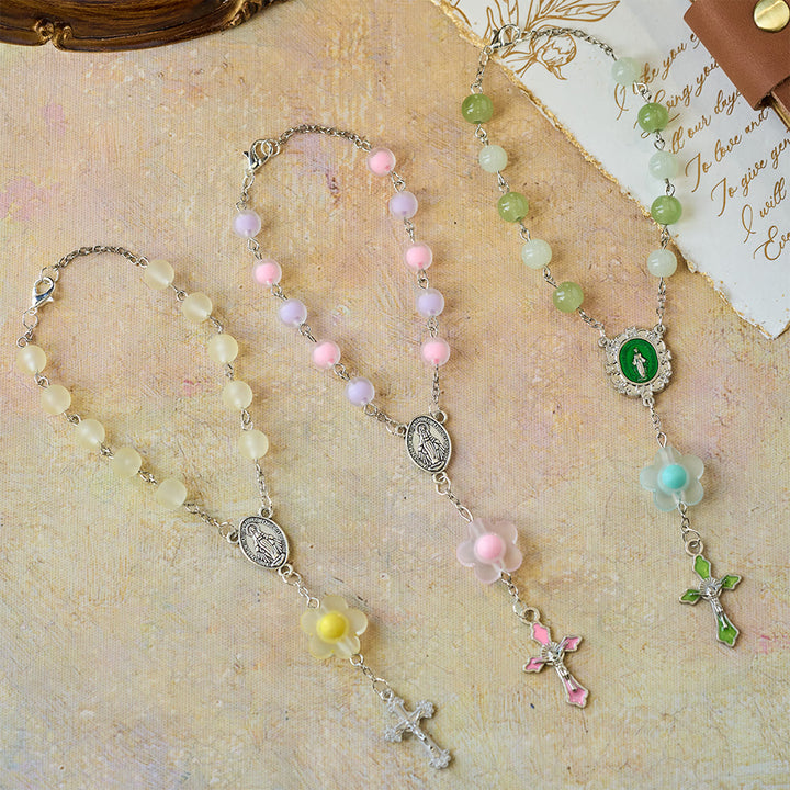 Christianartworkshop 3-Style Pastel Pocket Rosary with Flower Charm: Silver-Toned Crucifix for Marian Prayer - image 1