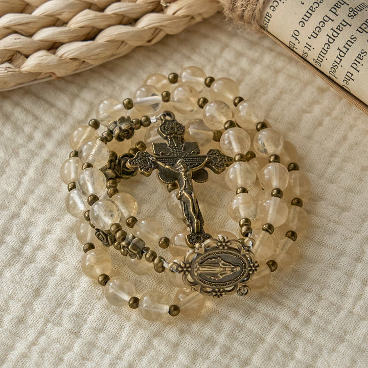 Christianartworkshop Amber Glass Bead Rosary with Camellia Accents: A Symbol of Christ’s Light & Purity - image 3