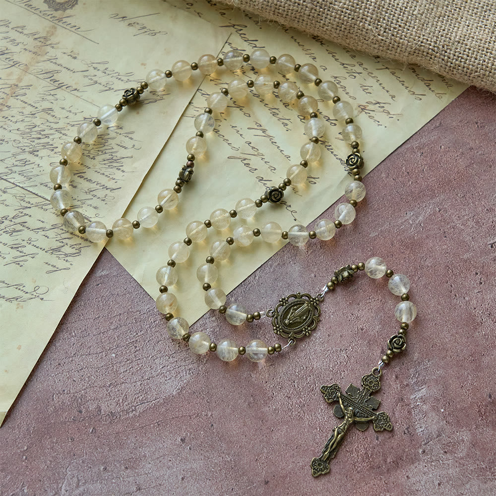 Christianartworkshop Amber Glass Bead Rosary with Camellia Accents: A Symbol of Christ’s Light & Purity - image 2