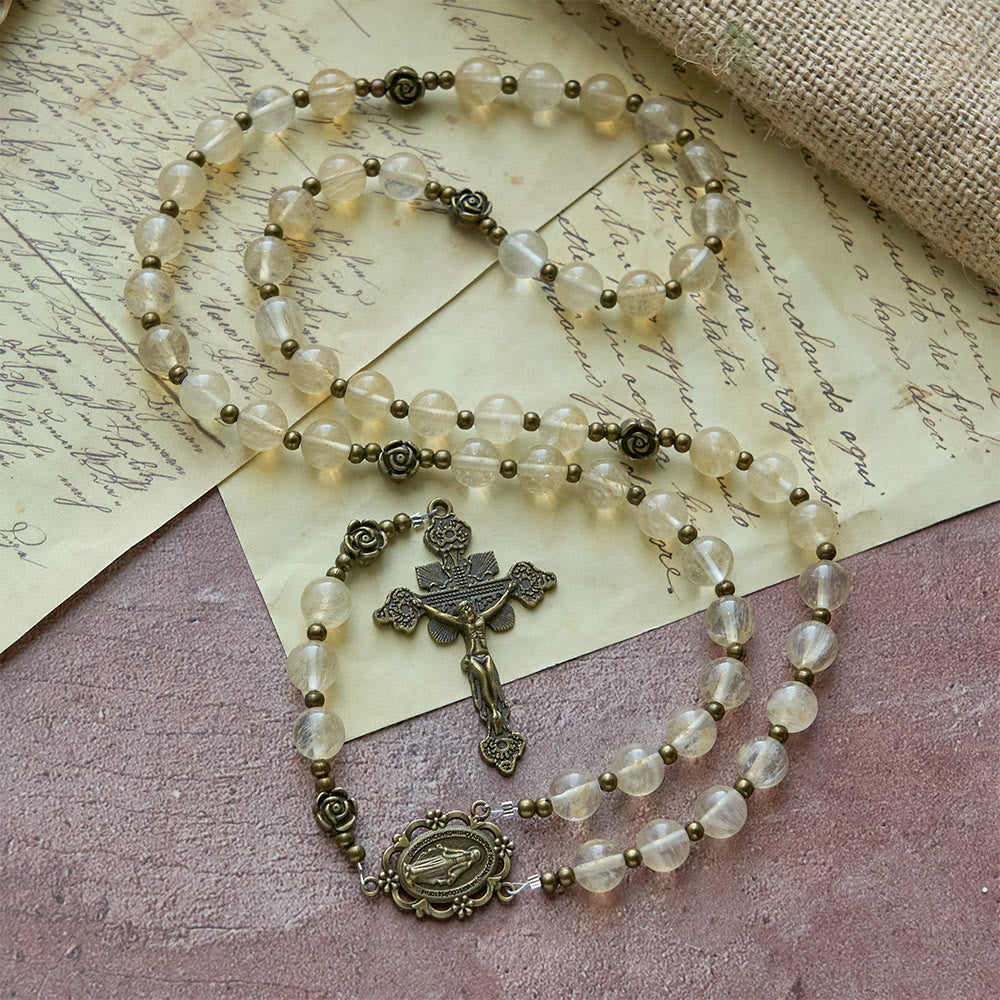 Christianartworkshop Amber Glass Bead Rosary with Camellia Accents: A Symbol of Christ’s Light & Purity - Camellia Accent Rosary - image 0