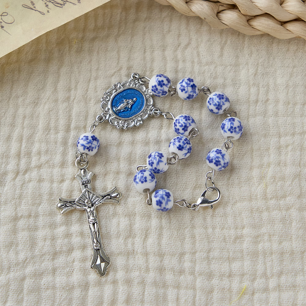 Christianartworkshop Blue-and-White Ceramic Auto Rosary: A Symbol of Marian Protection for Car - image 1