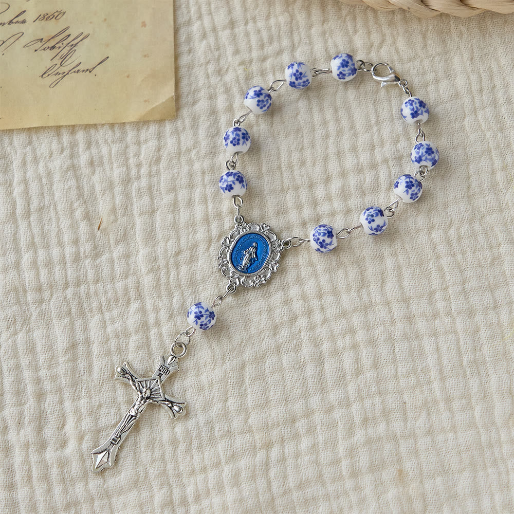 Christianartworkshop Blue-and-White Ceramic Auto Rosary: A Symbol of Marian Protection for Car - Blue and White - image 0