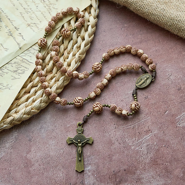 Christianartworkshop Rose-Bead Rosary with Bronze Crucifix: Our Lady Medallion for Devotion - image 2