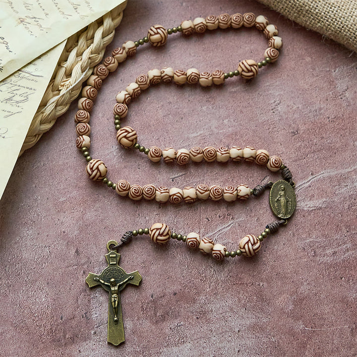 Christianartworkshop Rose-Bead Rosary with Bronze Crucifix: Our Lady Medallion for Devotion - Rose Beads Rosary - image 0