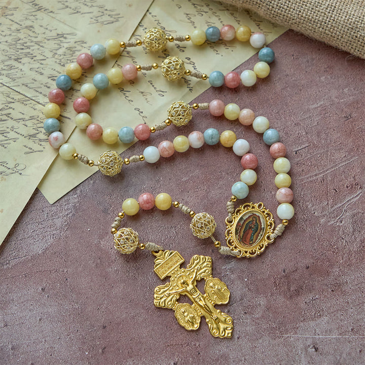 Christianartworkshop Pastel Hue Rosary with Gold Filigree: Enamel Our Lady Medallion Design - Our Lady & Crucifix - image 0