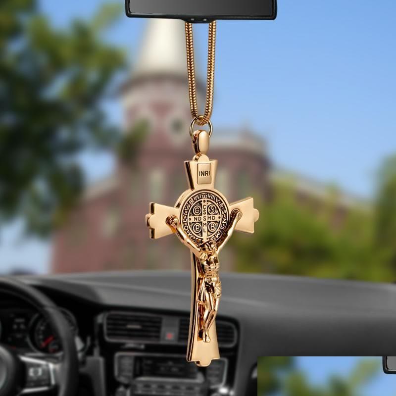 Christianartworkshop Three-Color St. Benedict Cross Car Pendant: Engraved Crucifix for Rearview Mirrors - Golden - image 0