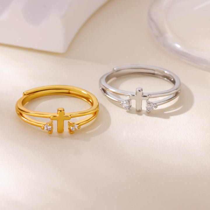 Christianartworkshop Zircon Accent Cross Double-Band Ring: A Symbol of Christ’s Radiant Love - image 1