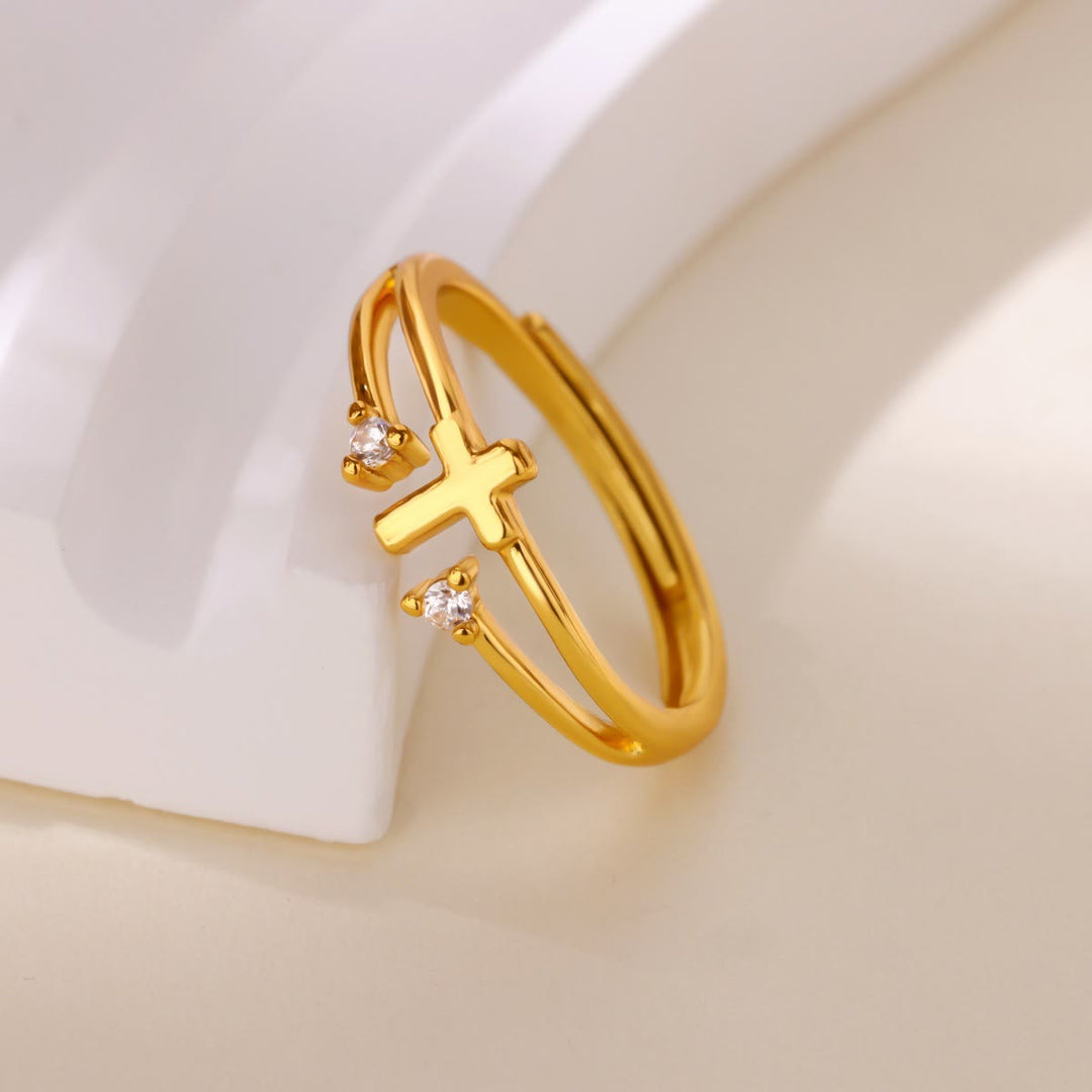 Christianartworkshop Zircon Accent Cross Double-Band Ring: A Symbol of Christ’s Radiant Love - Golden( Suitable for US sizes 7 - 9) - image 0
