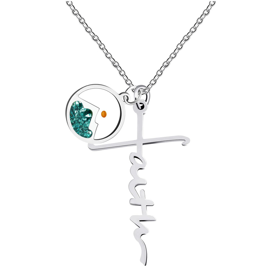 Christianartworkshop Faith Script Cross Mustard Seed Necklace: A Symbol of Mountain-Moving Belief - Silver + Green - image 0