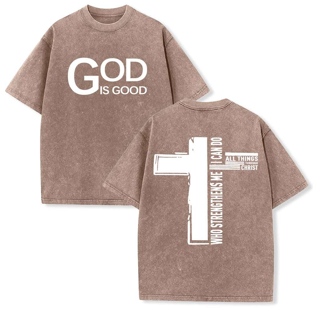 Christianartworkshop God Is Good Philippians 4:13 Cross Unisex Washed T-Shirt - Brown - 5XL - image 12