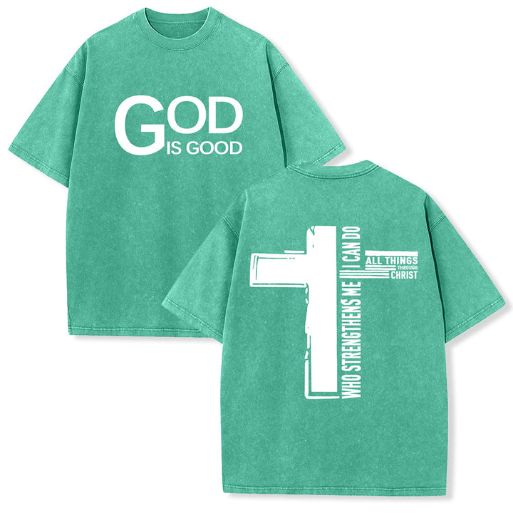 Christianartworkshop God Is Good Philippians 4:13 Cross Unisex Washed T-Shirt - Green - 5XL - image 6