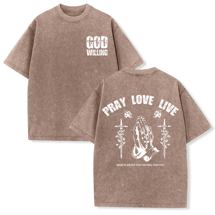 Christianartworkshop God Willing Pray Love Live Unisex Washed T-Shirt - Brown - 5XL - image 15
