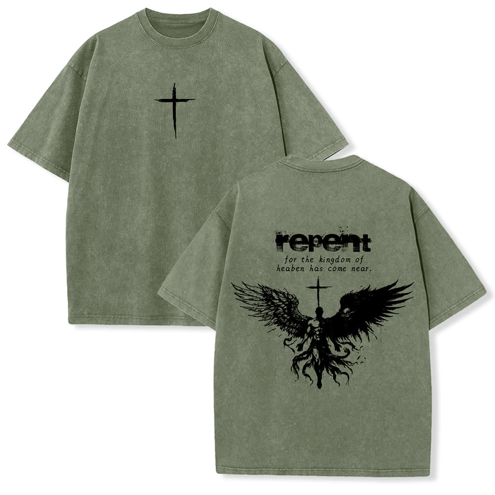 Christianartworkshop Repent For The Kingdom Of Heaven Unisex Washed T-Shirt - Army Green - 5XL - image 9