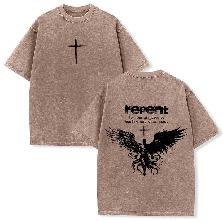 Christianartworkshop Repent For The Kingdom Of Heaven Unisex Washed T-Shirt - Brown - 5XL - image 12