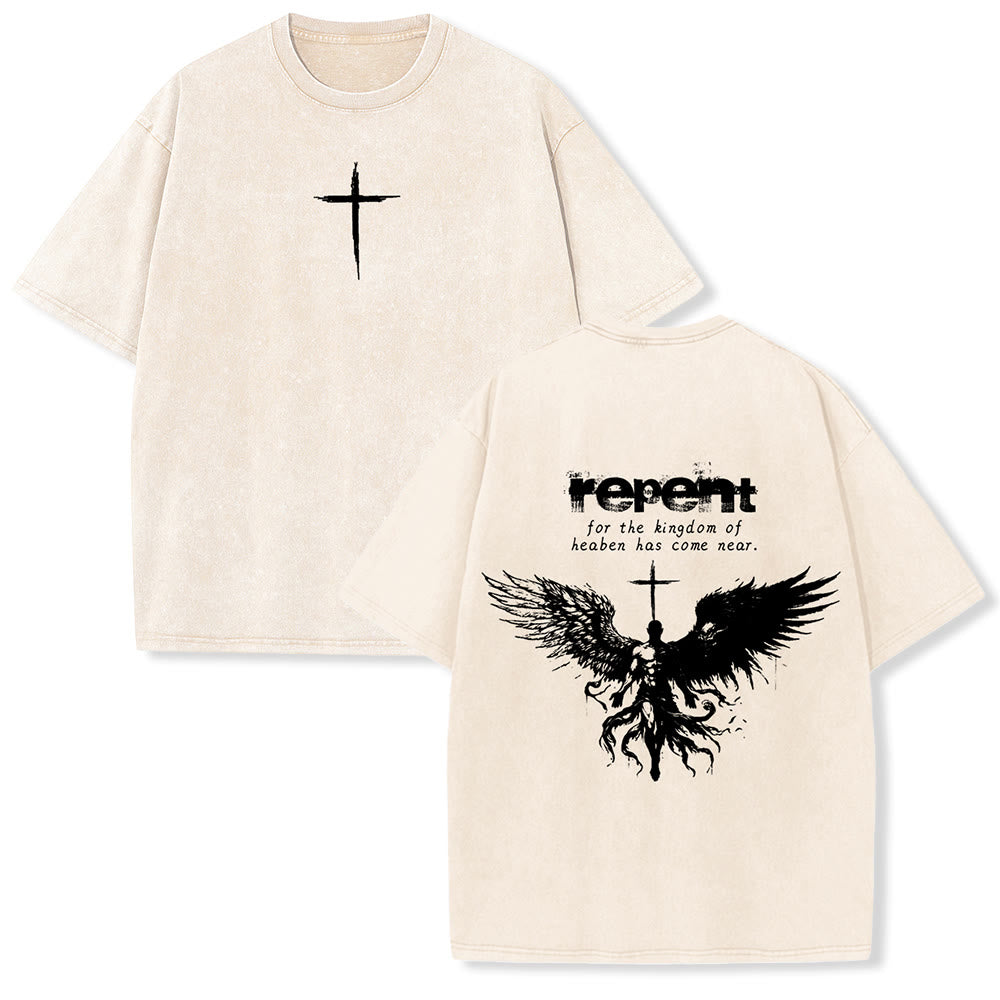 Christianartworkshop Repent For The Kingdom Of Heaven Unisex Washed T-Shirt - Beige - 5XL - image 15