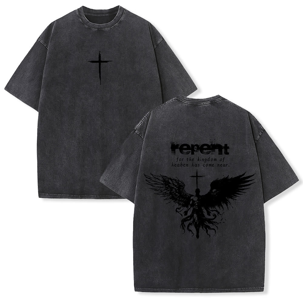 Christianartworkshop Repent For The Kingdom Of Heaven Unisex Washed T-Shirt - Black - 5XL - image 3