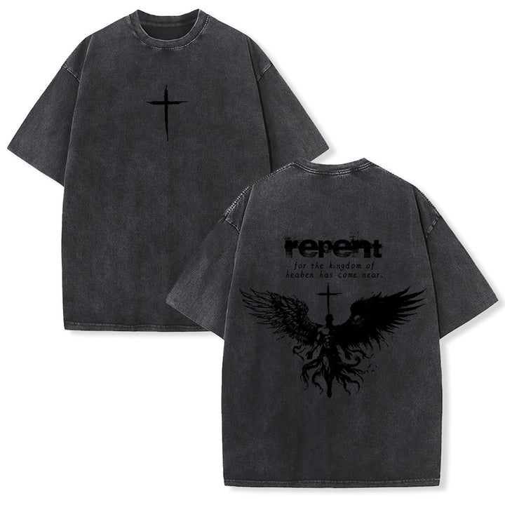 Christianartworkshop Repent For The Kingdom Of Heaven Unisex Washed T-Shirt - Black - 5XL - image 3