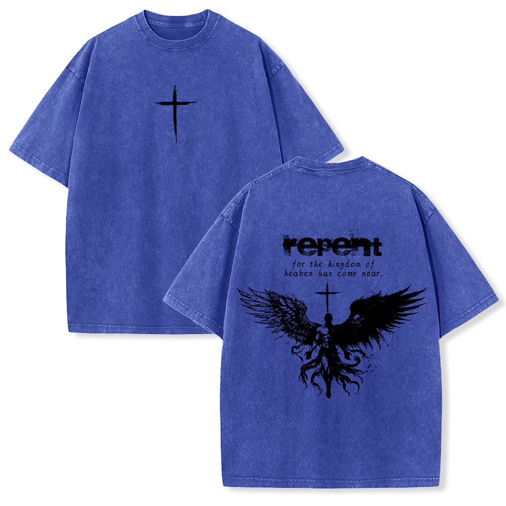 Christianartworkshop Repent For The Kingdom Of Heaven Unisex Washed T-Shirt - Blue - 5XL - image 18